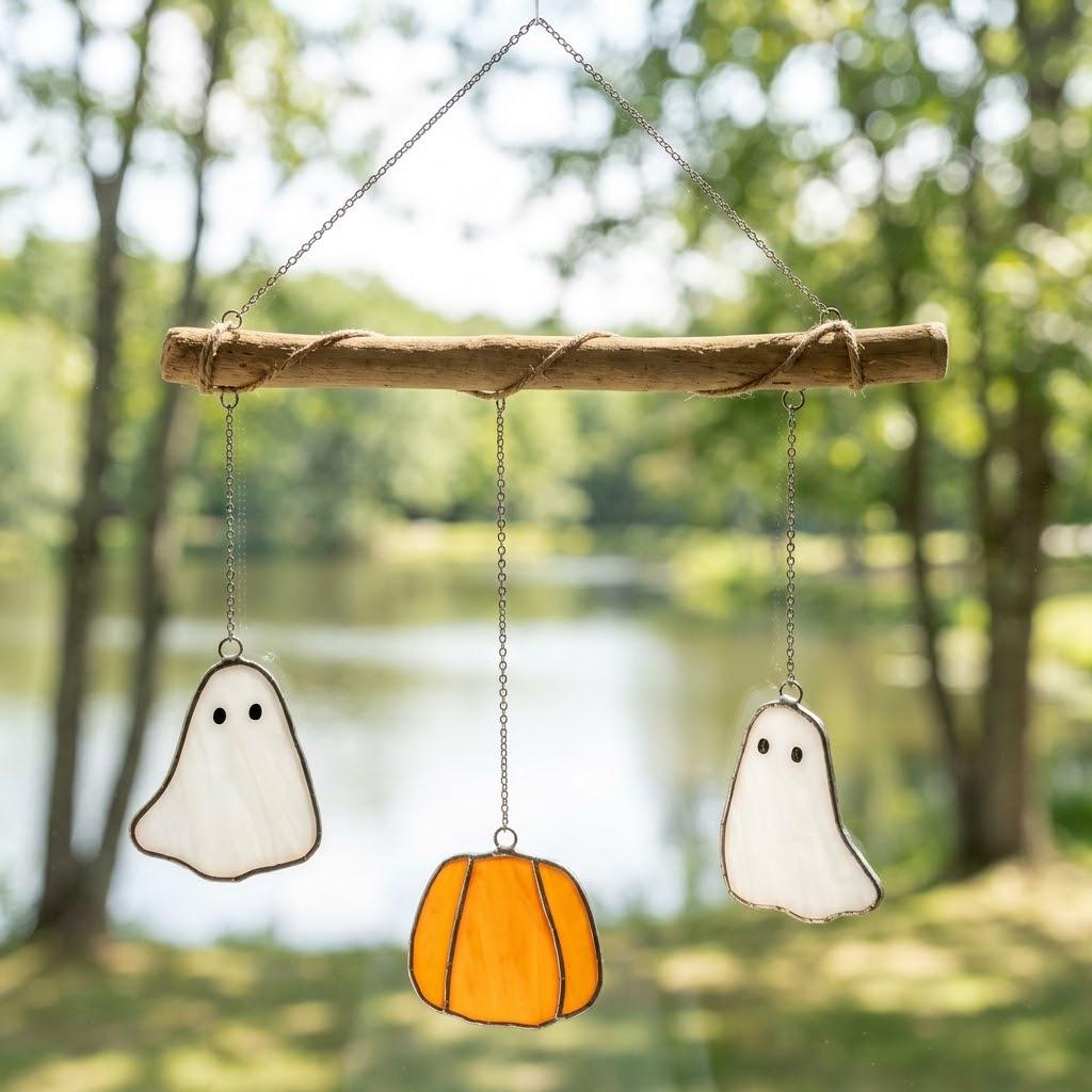 Ghost and Pumpkin Halloween Mobile with Branch Hanger by AuroraeGlass — photo 2