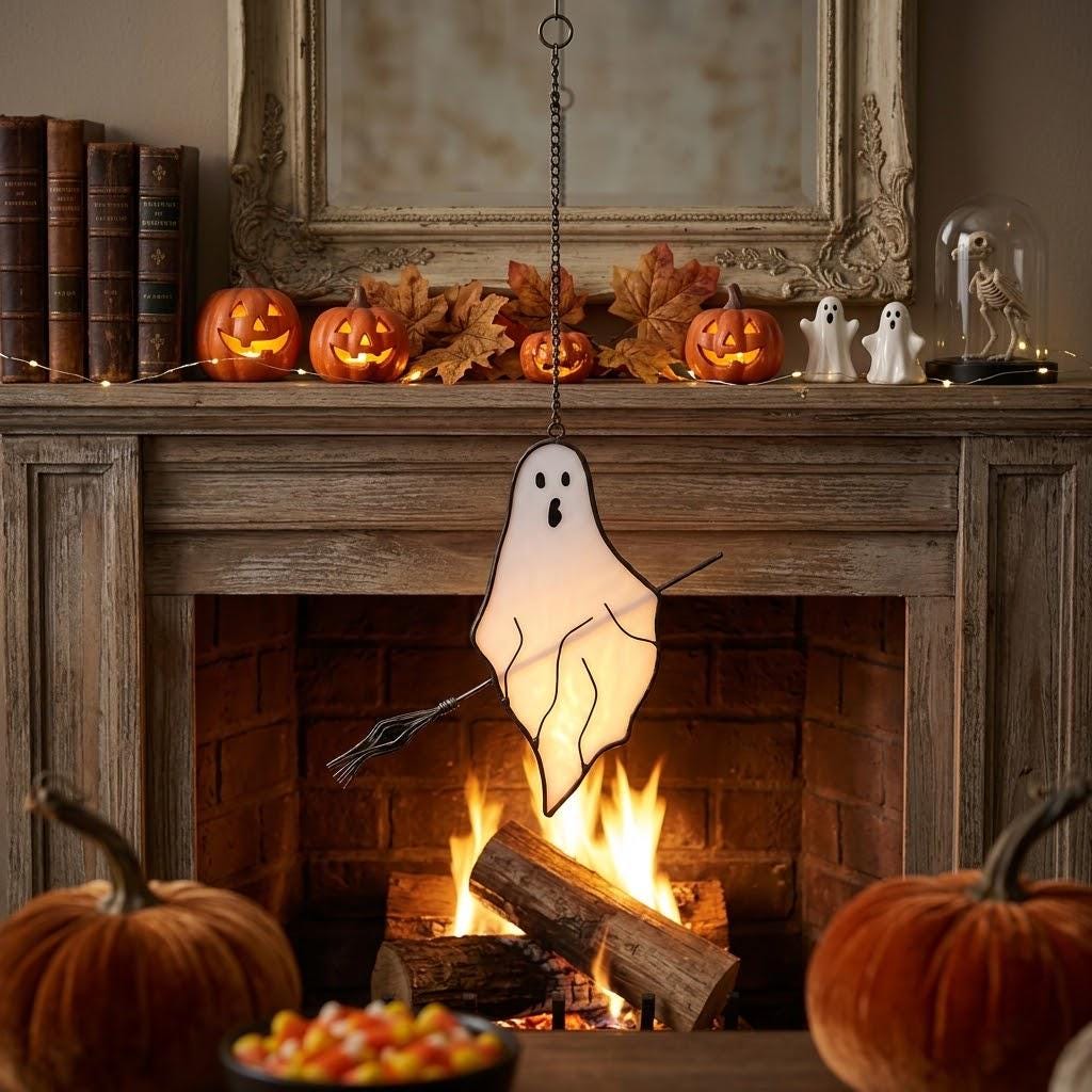 Ghost on Broom Halloween Window Hanging by AuroraeGlass — photo 1