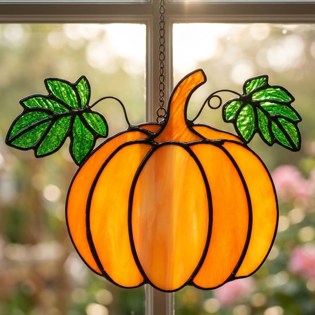 Orange Pumpkin Suncatcher with Green Fall Leaves by AuroraeGlass — photo 10