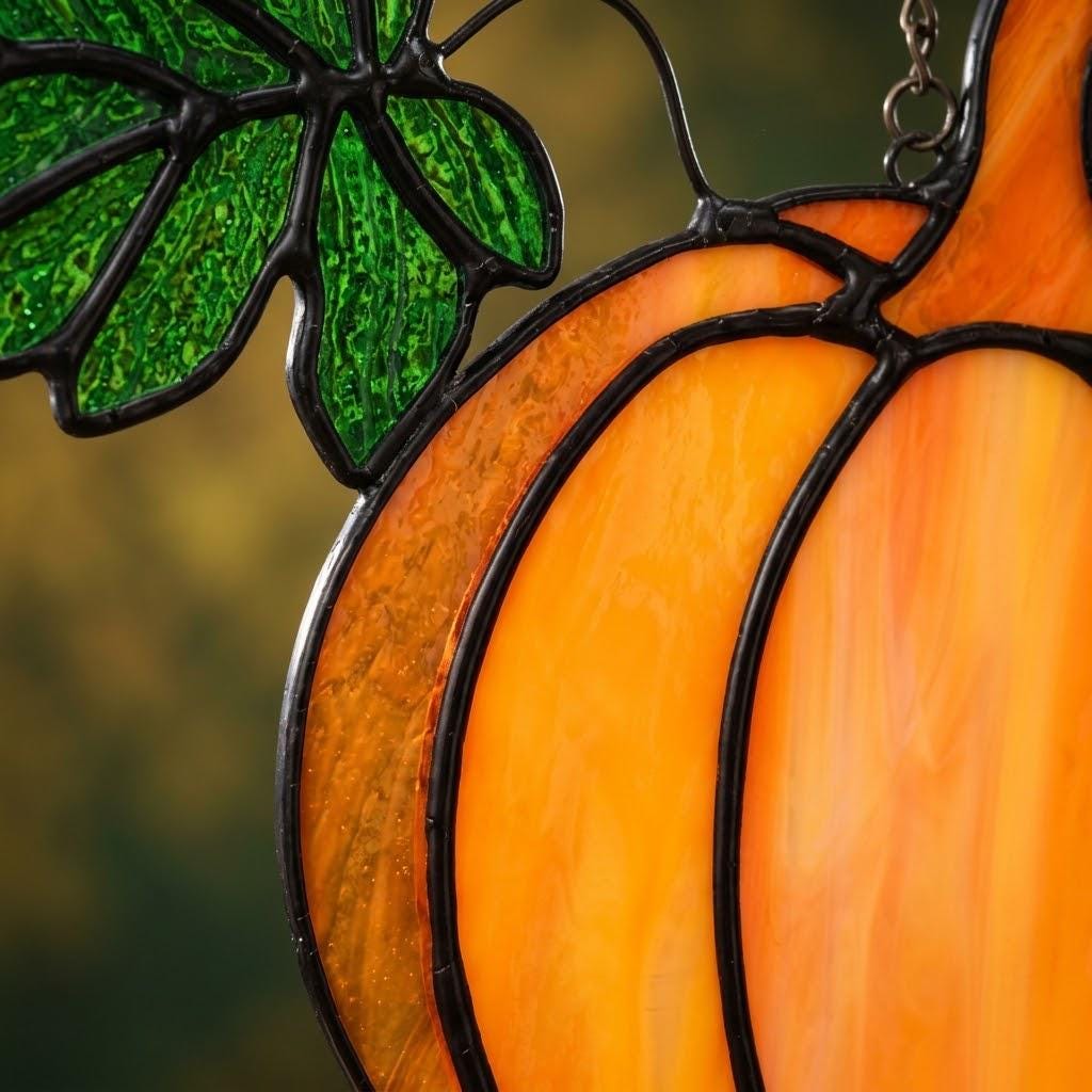 Orange Pumpkin Suncatcher with Green Fall Leaves by AuroraeGlass — photo 7