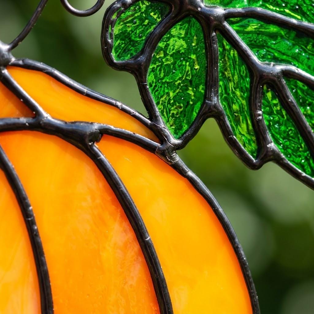 Orange Pumpkin Suncatcher with Green Fall Leaves by AuroraeGlass — photo 8