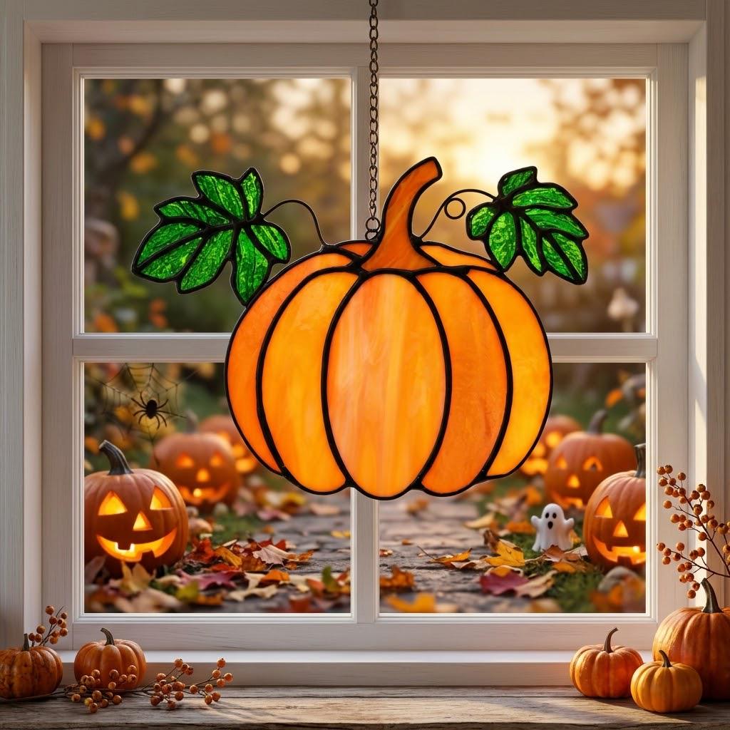 Orange Pumpkin Suncatcher with Green Fall Leaves by AuroraeGlass — photo 2