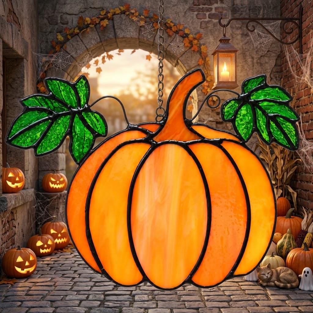 Orange Pumpkin Suncatcher with Green Fall Leaves by AuroraeGlass — photo 3