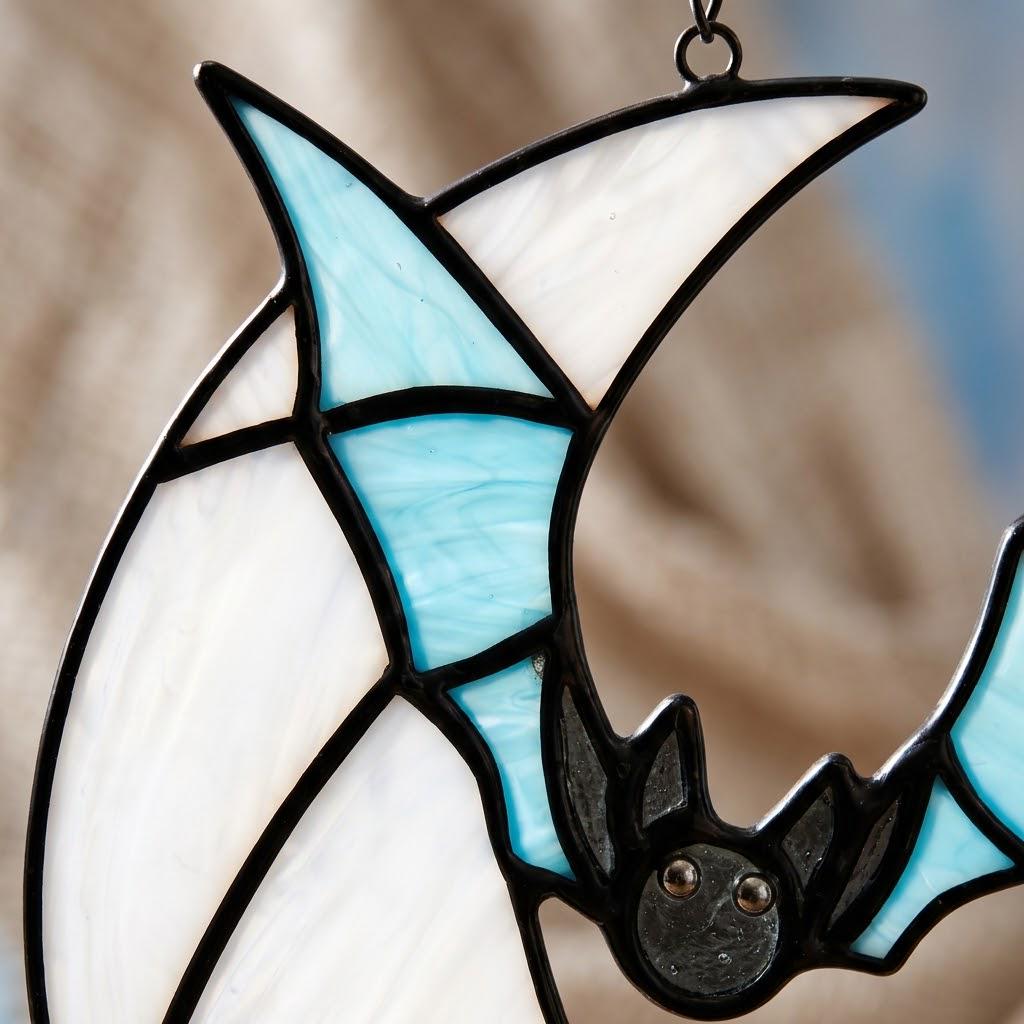Crescent Moon and Blue Bats Halloween Window Hanging by AuroraeGlass — photo 6