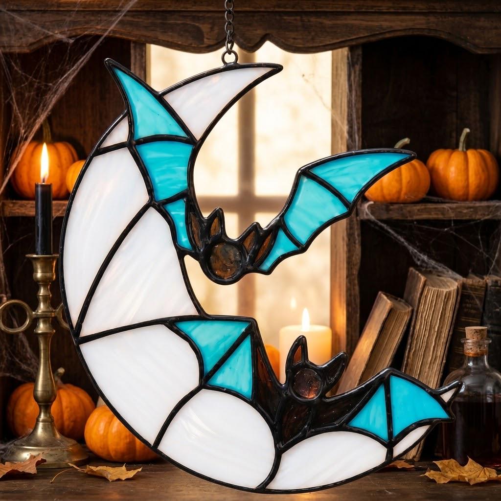 Crescent Moon and Blue Bats Halloween Window Hanging by AuroraeGlass — photo 3