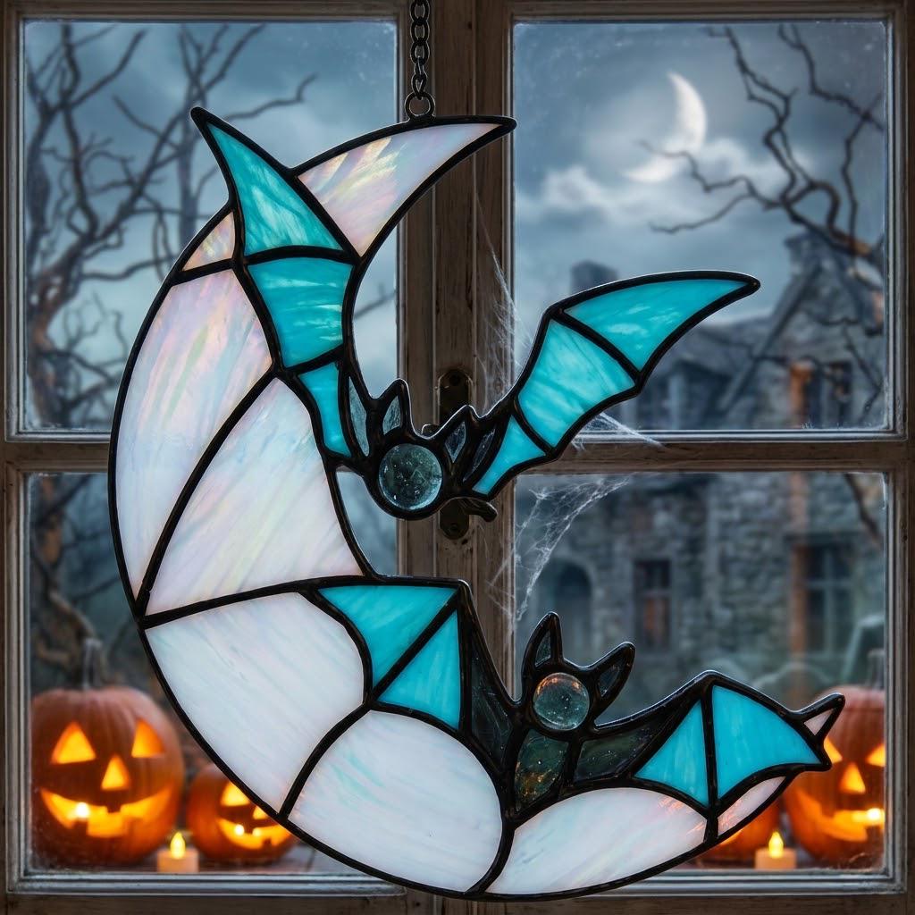 Crescent Moon and Blue Bats Halloween Window Hanging by AuroraeGlass — photo 1