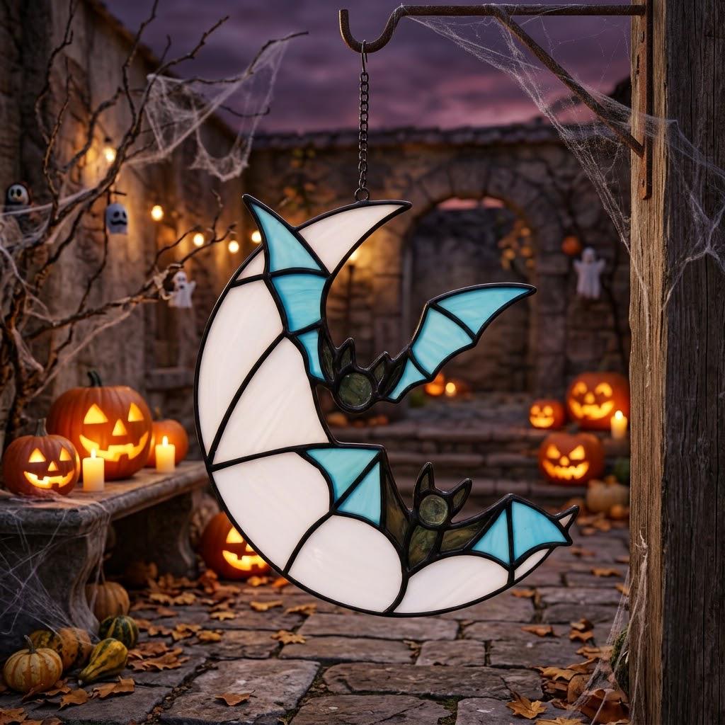 Crescent Moon and Blue Bats Halloween Window Hanging by AuroraeGlass — photo 4