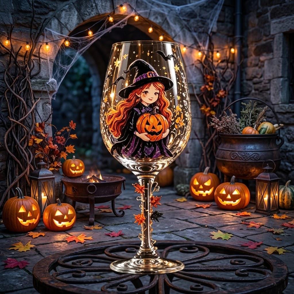 Witch and Pumpkin Stemmed Wine Glass, Halloween Display Decor by AuroraeGlass — photo 3
