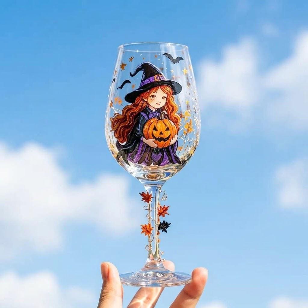 Witch and Pumpkin Stemmed Wine Glass, Halloween Display Decor by AuroraeGlass — photo 5