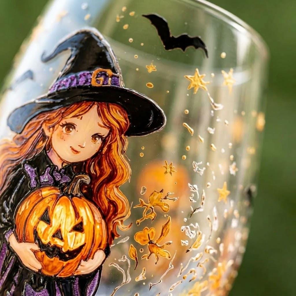 Witch and Pumpkin Stemmed Wine Glass, Halloween Display Decor by AuroraeGlass — photo 9