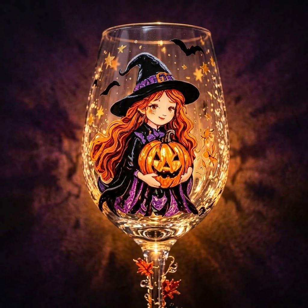 Witch and Pumpkin Stemmed Wine Glass, Halloween Display Decor by AuroraeGlass — photo 8