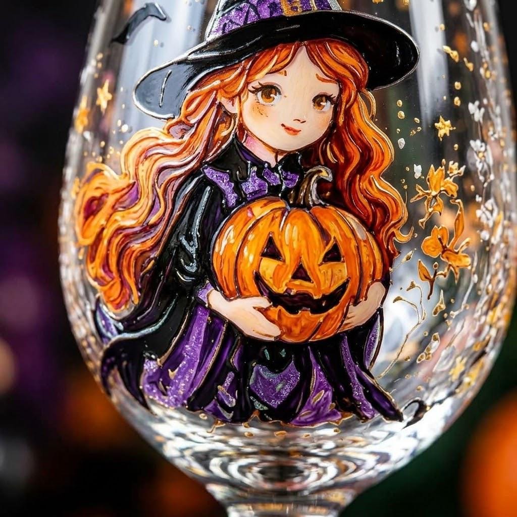 Witch and Pumpkin Stemmed Wine Glass, Halloween Display Decor by AuroraeGlass — photo 10