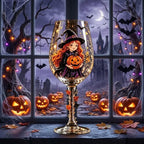 Witch and Pumpkin Stemmed Wine Glass, Halloween Display Decor by AuroraeGlass — photo 1