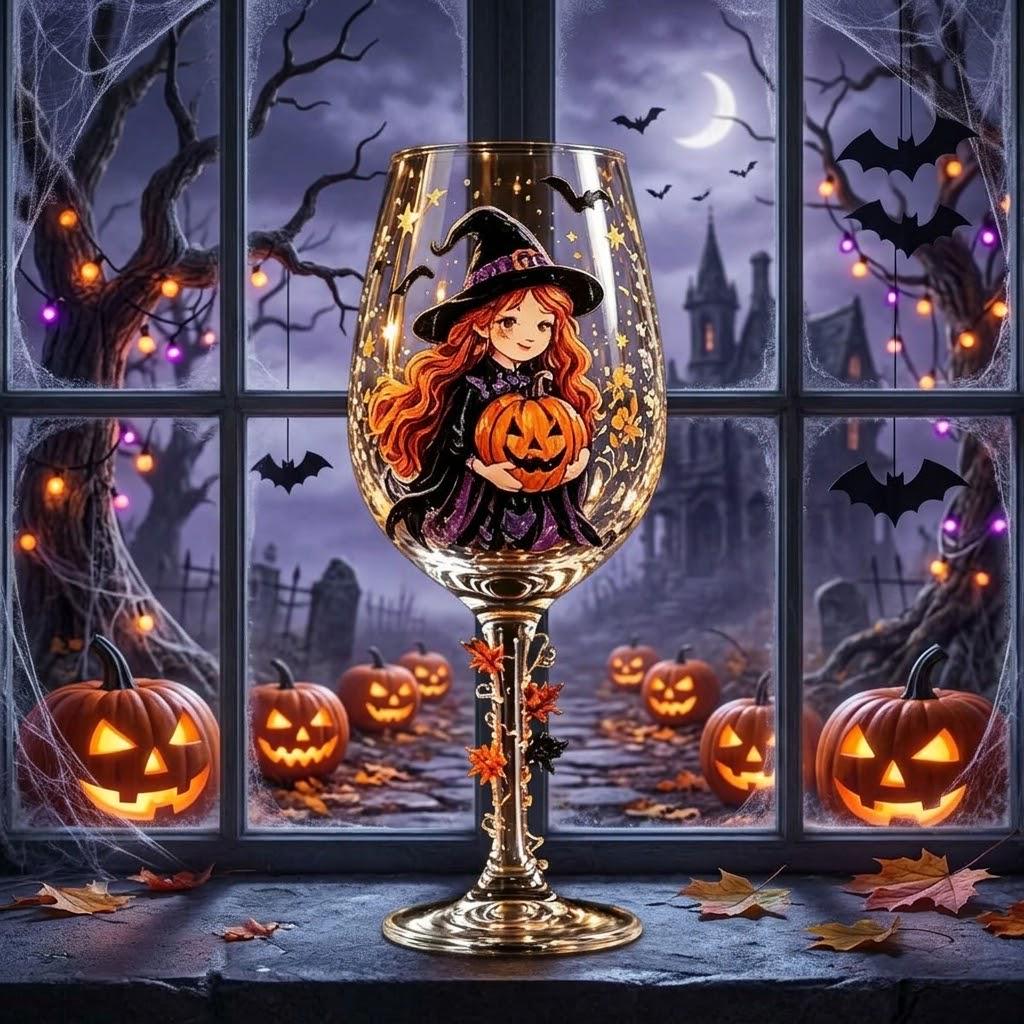 Witch and Pumpkin Stemmed Wine Glass, Halloween Display Decor by AuroraeGlass — photo 1
