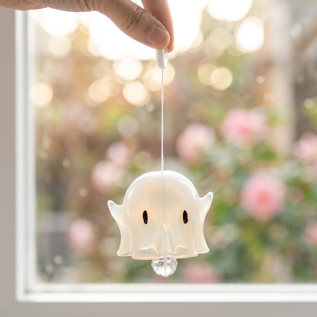 White Ghost Halloween Hanging Ornament with Faceted Drop by AuroraeGlass — photo 8