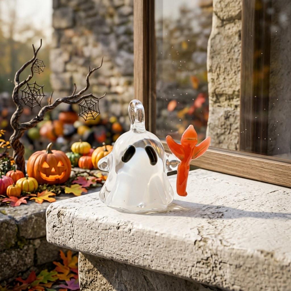 Mini White Ghost with Red Trident Halloween Figurine by AuroraeGlass — photo 2