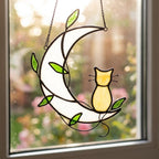 Handmade Yellow Cat Window Hanging on White Crescent Moon with Green Leaves by AuroraeGlass — photo 5