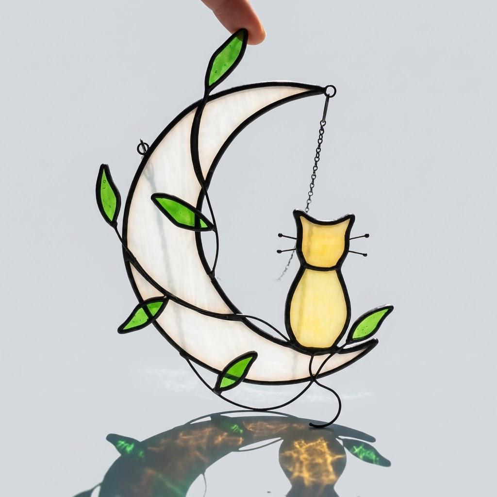 Handmade Yellow Cat Window Hanging on White Crescent Moon with Green Leaves by AuroraeGlass — photo 8