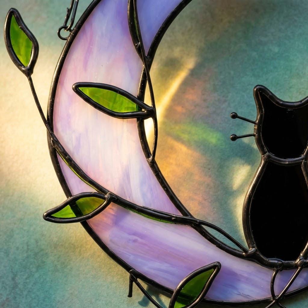 Black Cat Window Hanging on Purple Crescent Moon with Green Leaves by AuroraeGlass — photo 2
