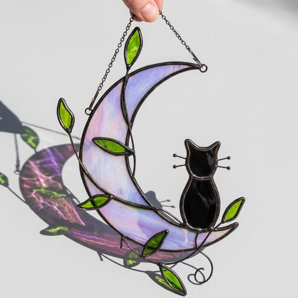 Black Cat Window Hanging on Purple Crescent Moon with Green Leaves by AuroraeGlass — photo 8