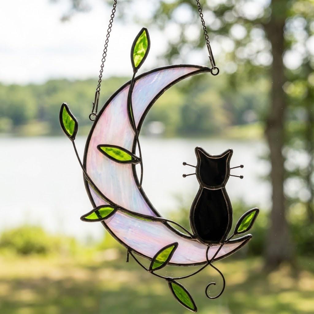 Black Cat Window Hanging on Purple Crescent Moon with Green Leaves by AuroraeGlass — photo 7