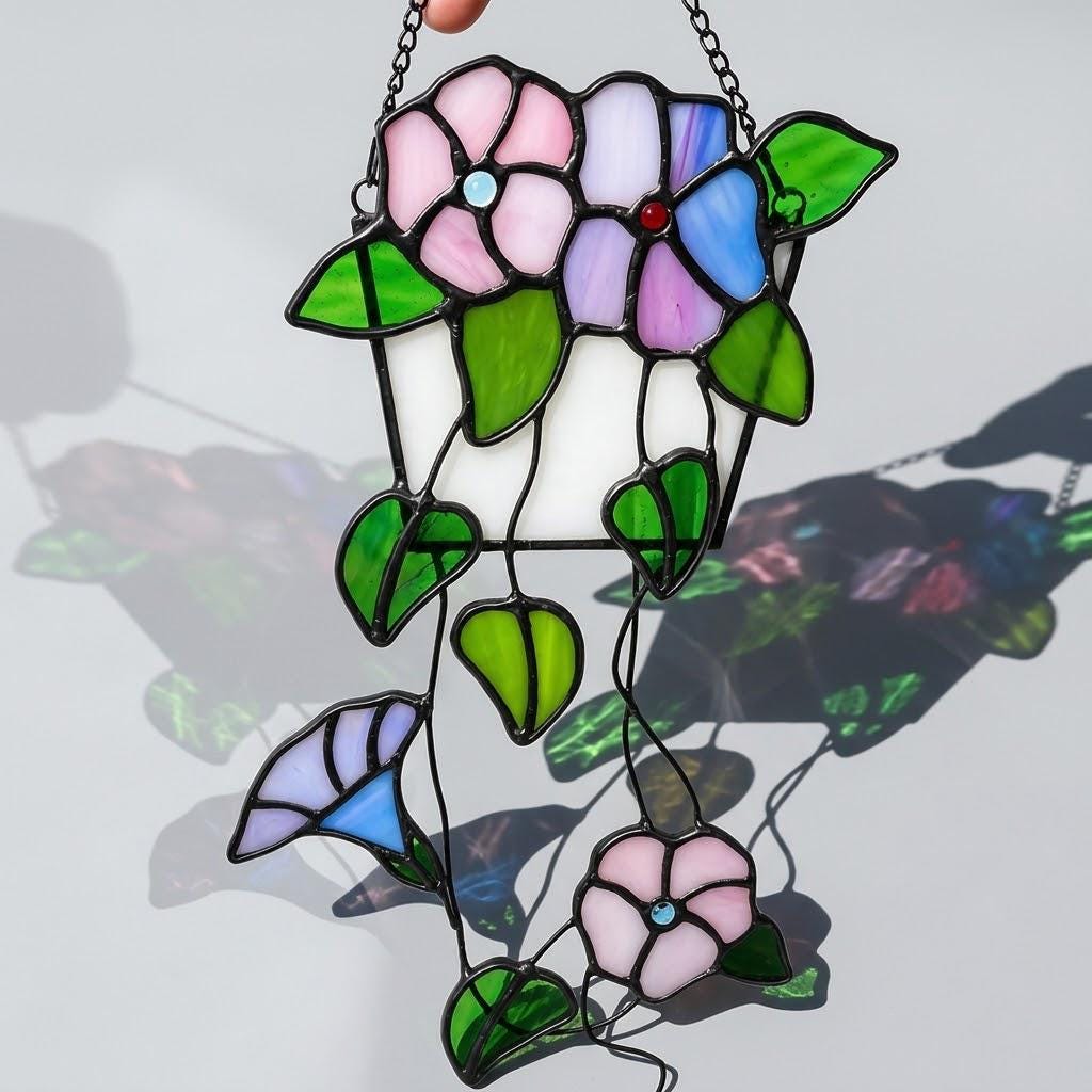 Pink and Purple Flower Window Hanging with Trailing Leaves and Basket Design by AuroraeGlass — photo 8