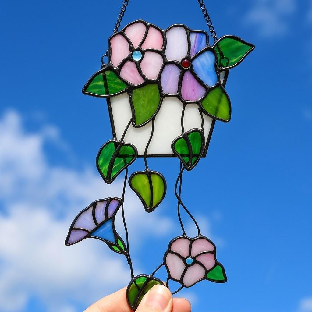 Pink and Purple Flower Window Hanging with Trailing Leaves and Basket Design by AuroraeGlass — photo 1