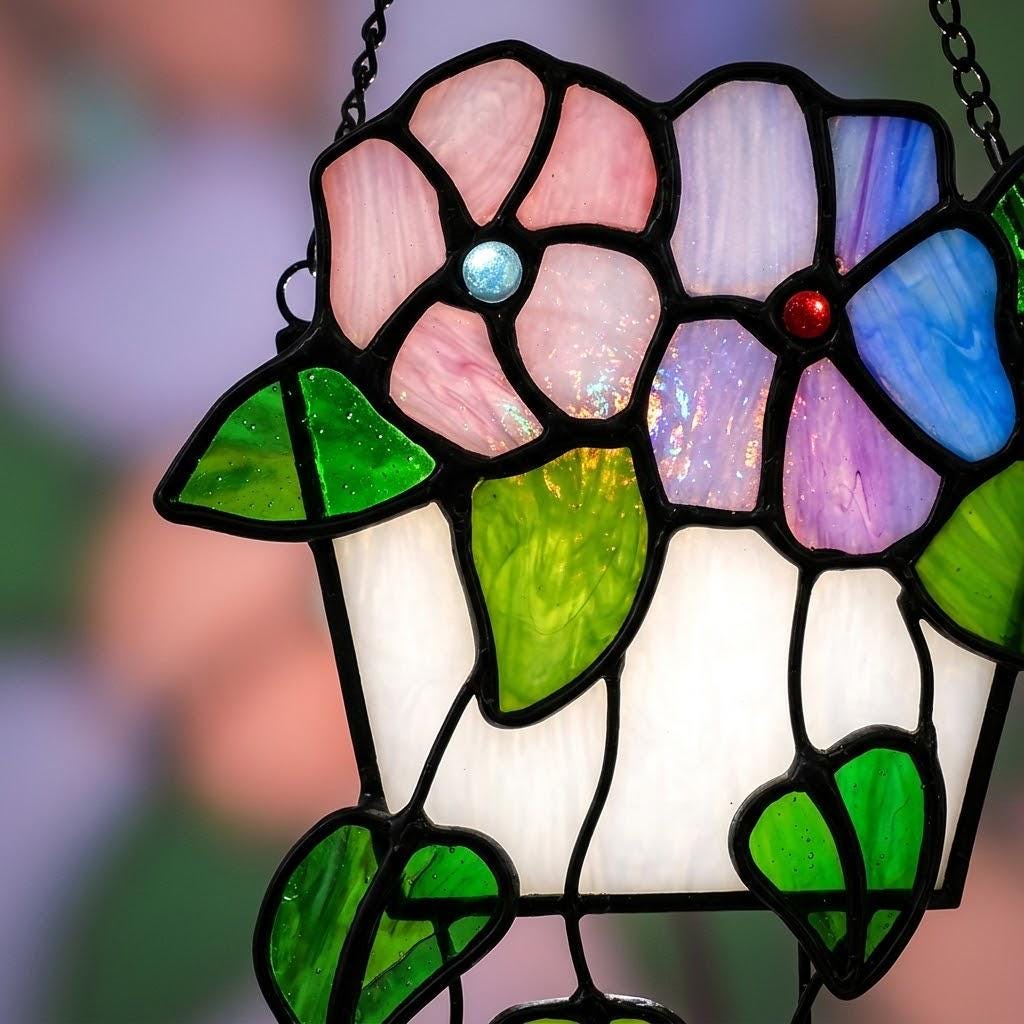 Pink and Purple Flower Window Hanging with Trailing Leaves and Basket Design by AuroraeGlass — photo 2
