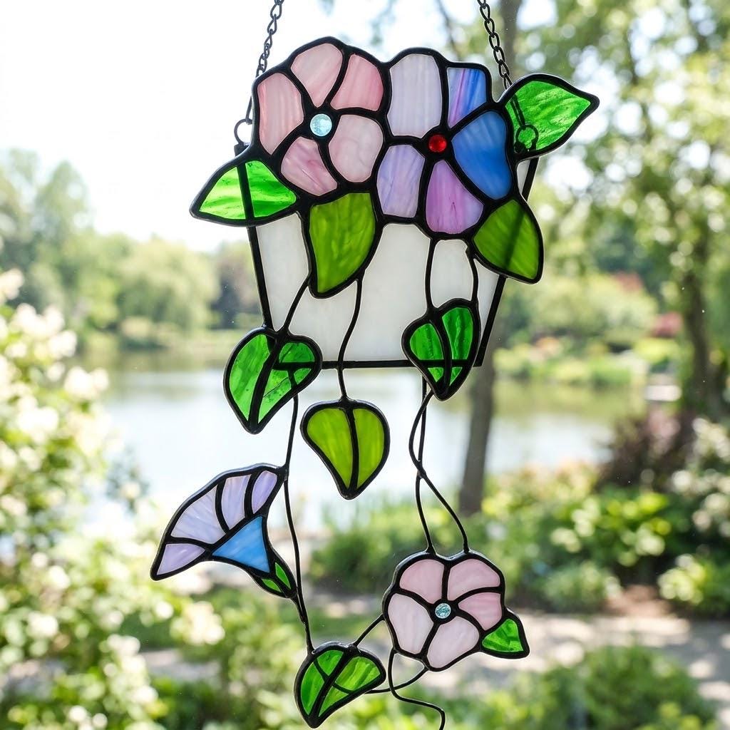 Pink and Purple Flower Window Hanging with Trailing Leaves and Basket Design by AuroraeGlass — photo 7