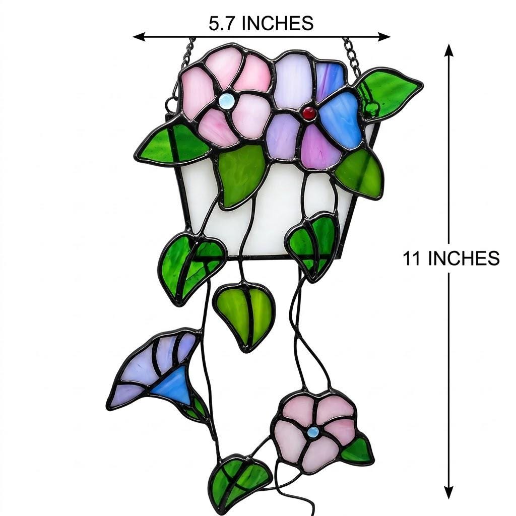 Pink and Purple Flower Window Hanging with Trailing Leaves and Basket Design by AuroraeGlass — photo 9