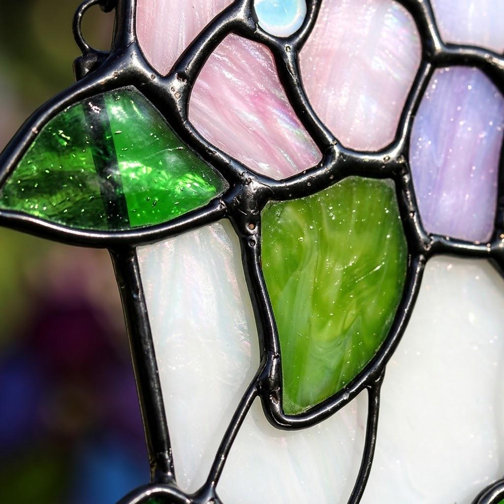 Pink and Purple Flower Window Hanging with Trailing Leaves and Basket Design by AuroraeGlass — photo 4