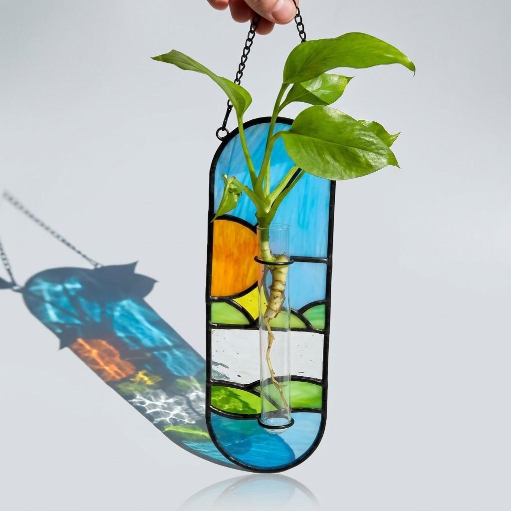 Blue Sun Window Hanging with Clear Tube Holder and Chain by AuroraeGlass — photo 7