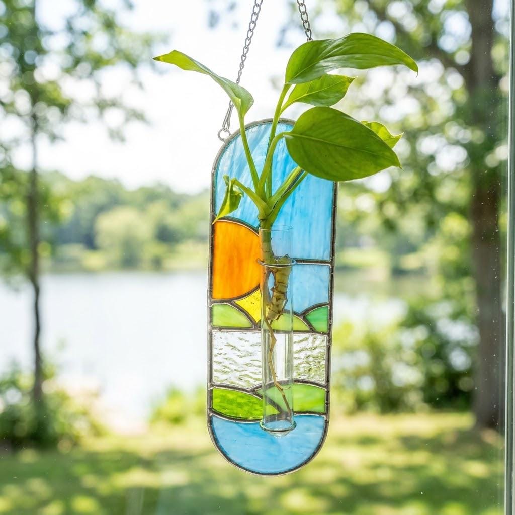 Blue Sun Window Hanging with Clear Tube Holder and Chain by AuroraeGlass — photo 6