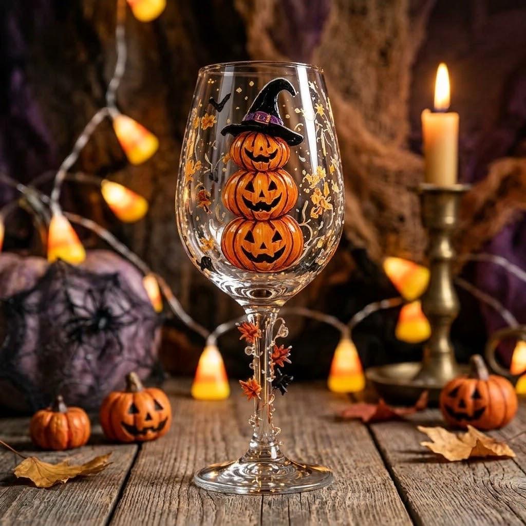 Halloween Decorative Goblet with Stacked Pumpkins and Witch Hat by AuroraeGlass — photo 1