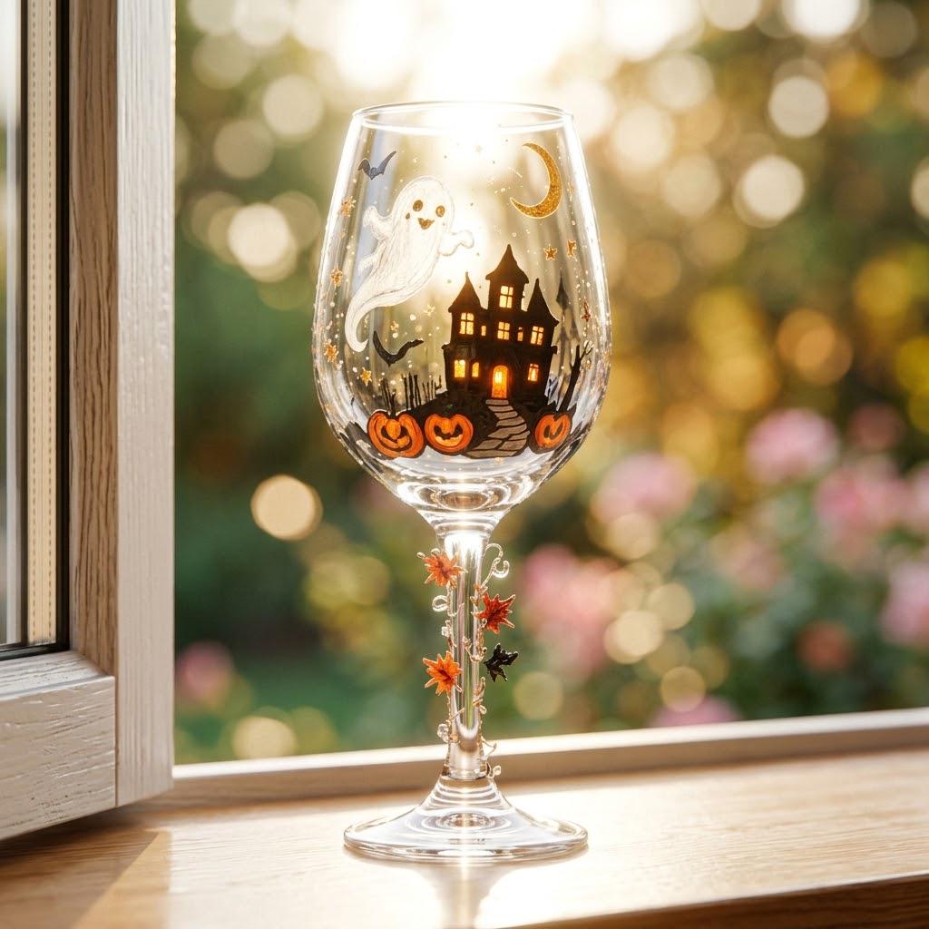 Halloween Decorative Goblet with Ghost, Haunted House and Pumpkins by AuroraeGlass — photo 9
