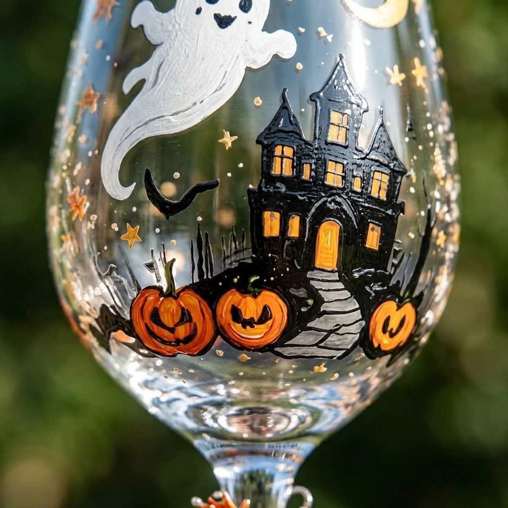 Halloween Decorative Goblet with Ghost, Haunted House and Pumpkins by AuroraeGlass — photo 3