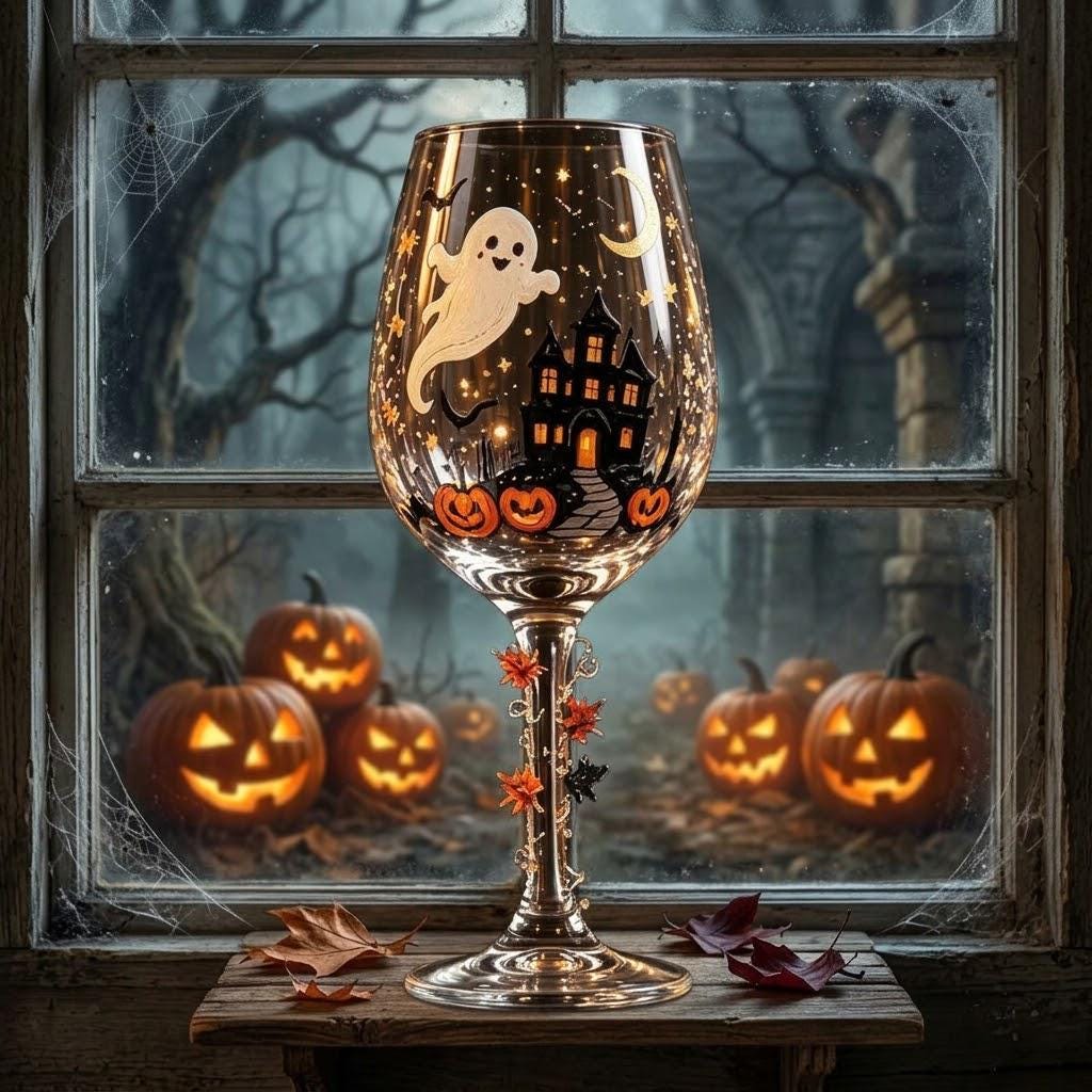Halloween Decorative Goblet with Ghost, Haunted House and Pumpkins by AuroraeGlass — photo 6