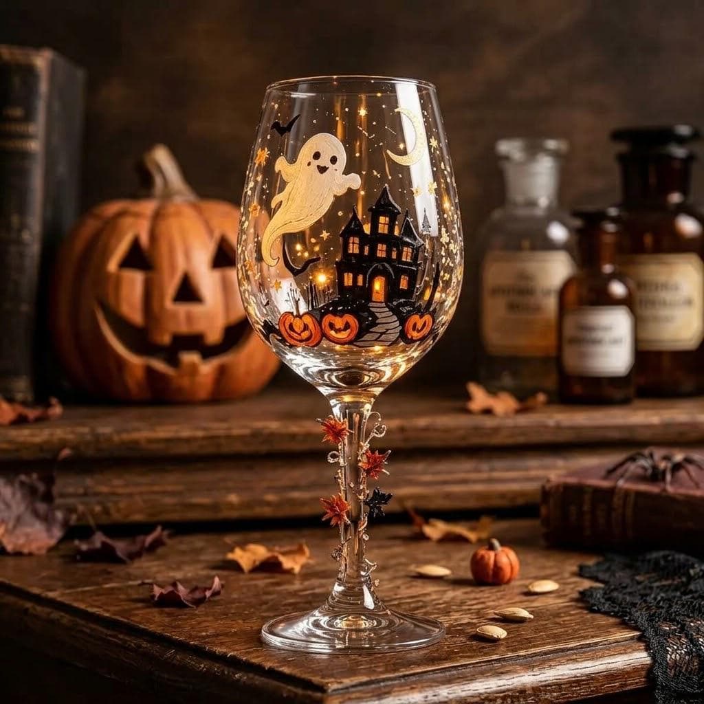 Halloween Decorative Goblet with Ghost, Haunted House and Pumpkins by AuroraeGlass — photo 1