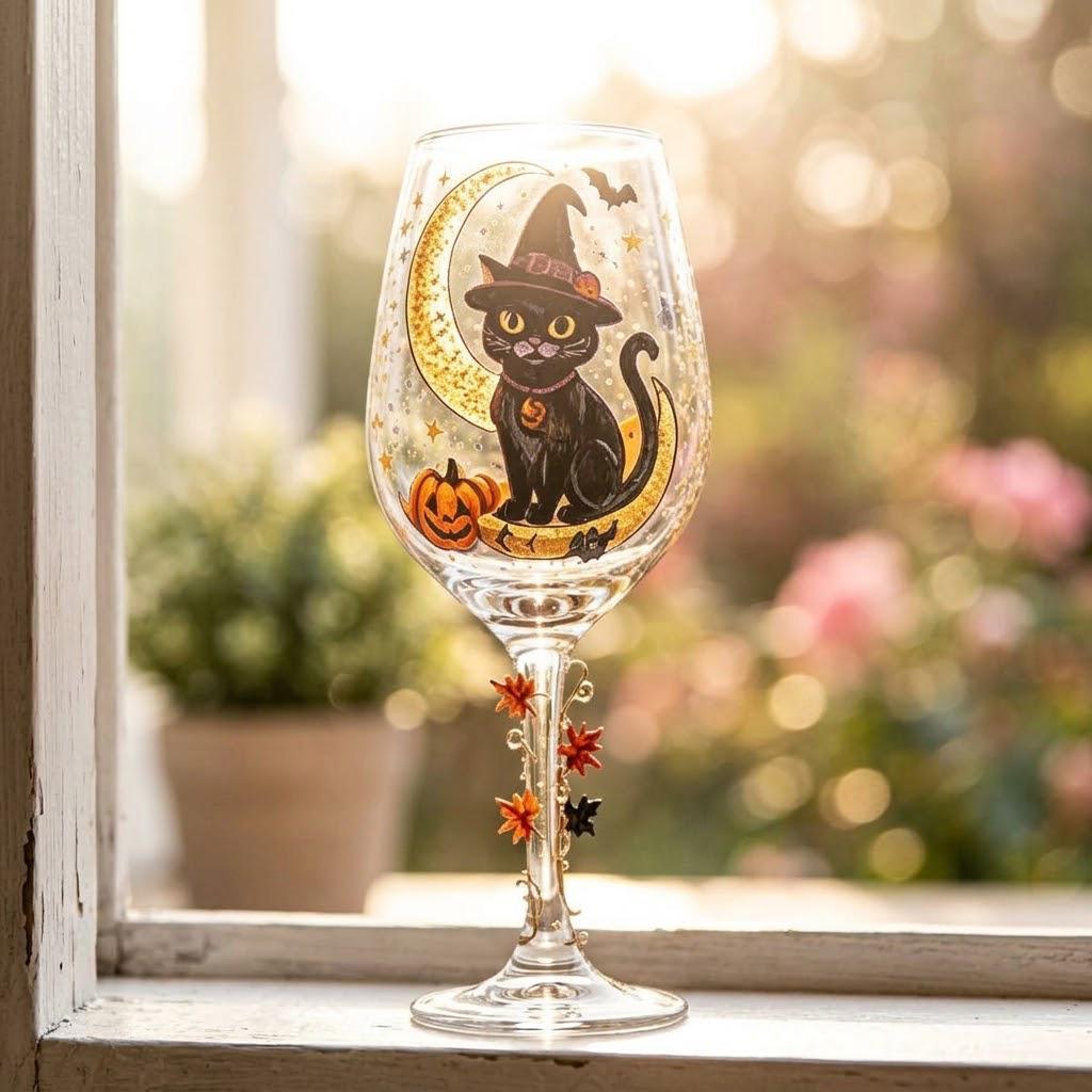 Halloween Decorative Goblet with Black Cat, Crescent Moon and Pumpkin by AuroraeGlass — photo 9