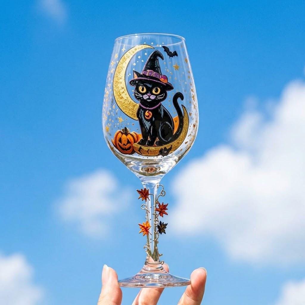 Halloween Decorative Goblet with Black Cat, Crescent Moon and Pumpkin by AuroraeGlass — photo 8
