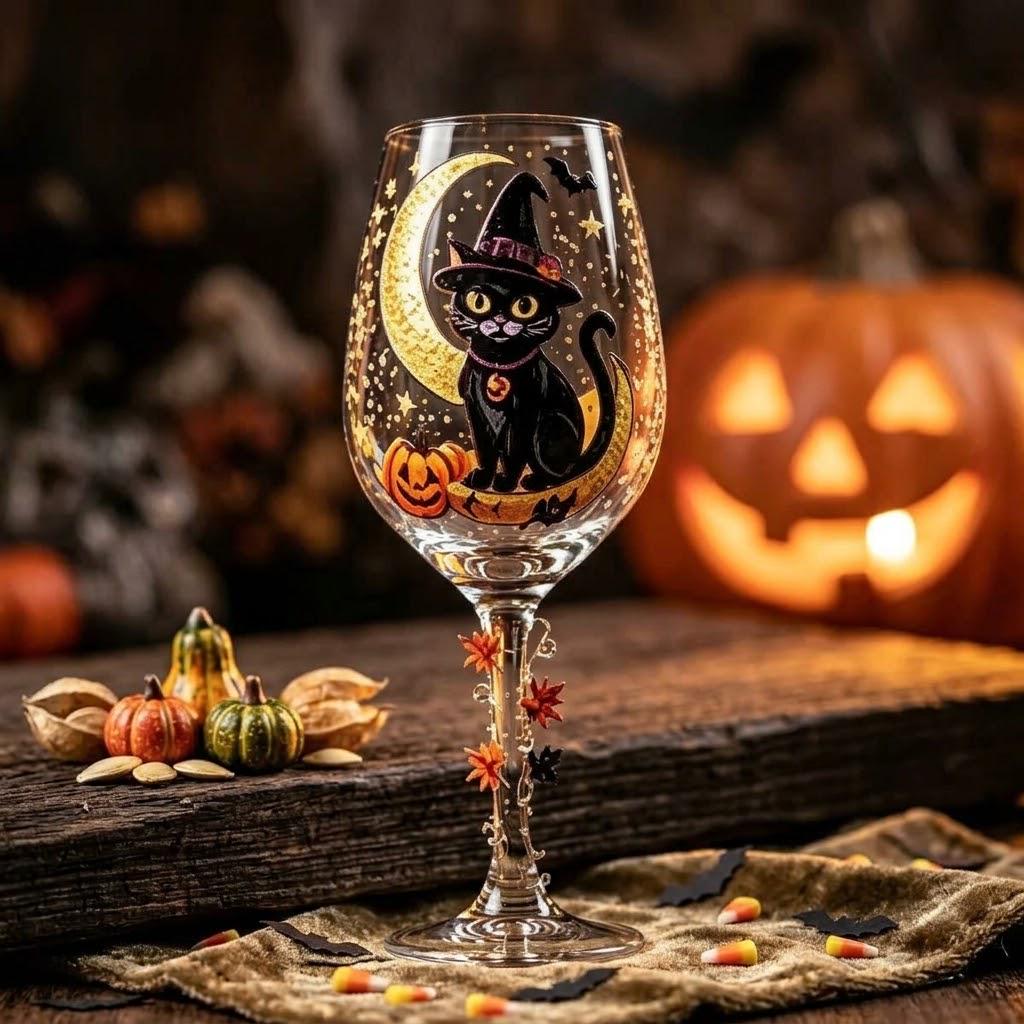 Halloween Decorative Goblet with Black Cat, Crescent Moon and Pumpkin by AuroraeGlass — photo 1
