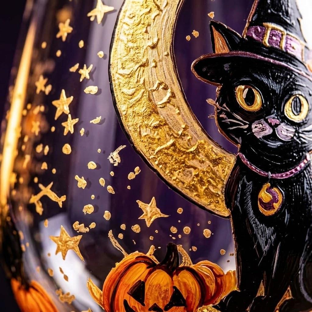 Halloween Decorative Goblet with Black Cat, Crescent Moon and Pumpkin by AuroraeGlass — photo 2
