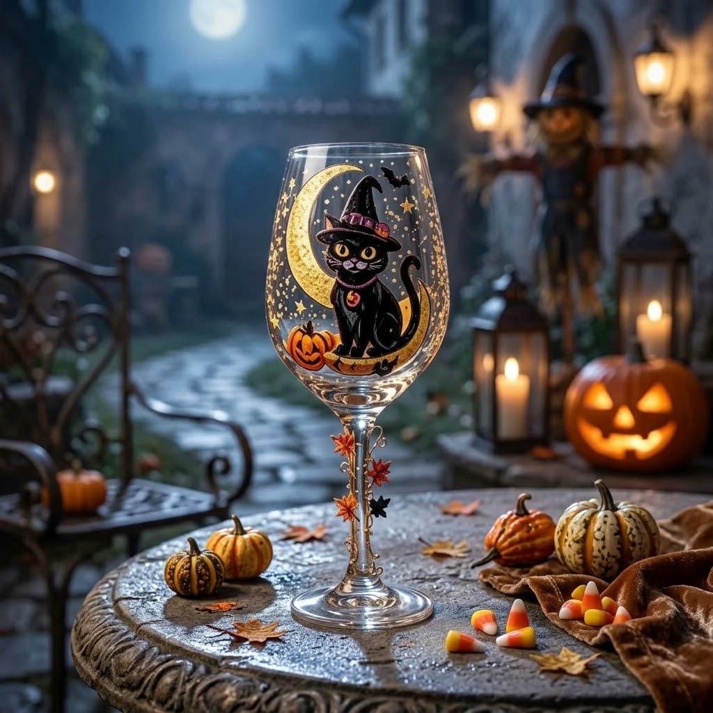 Halloween Decorative Goblet with Black Cat, Crescent Moon and Pumpkin by AuroraeGlass — photo 7