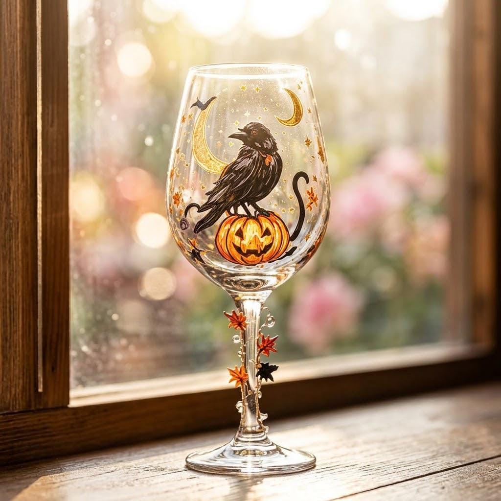 Halloween Decorative Goblet with Black Bird, Pumpkin and Crescent Moon by AuroraeGlass — photo 9