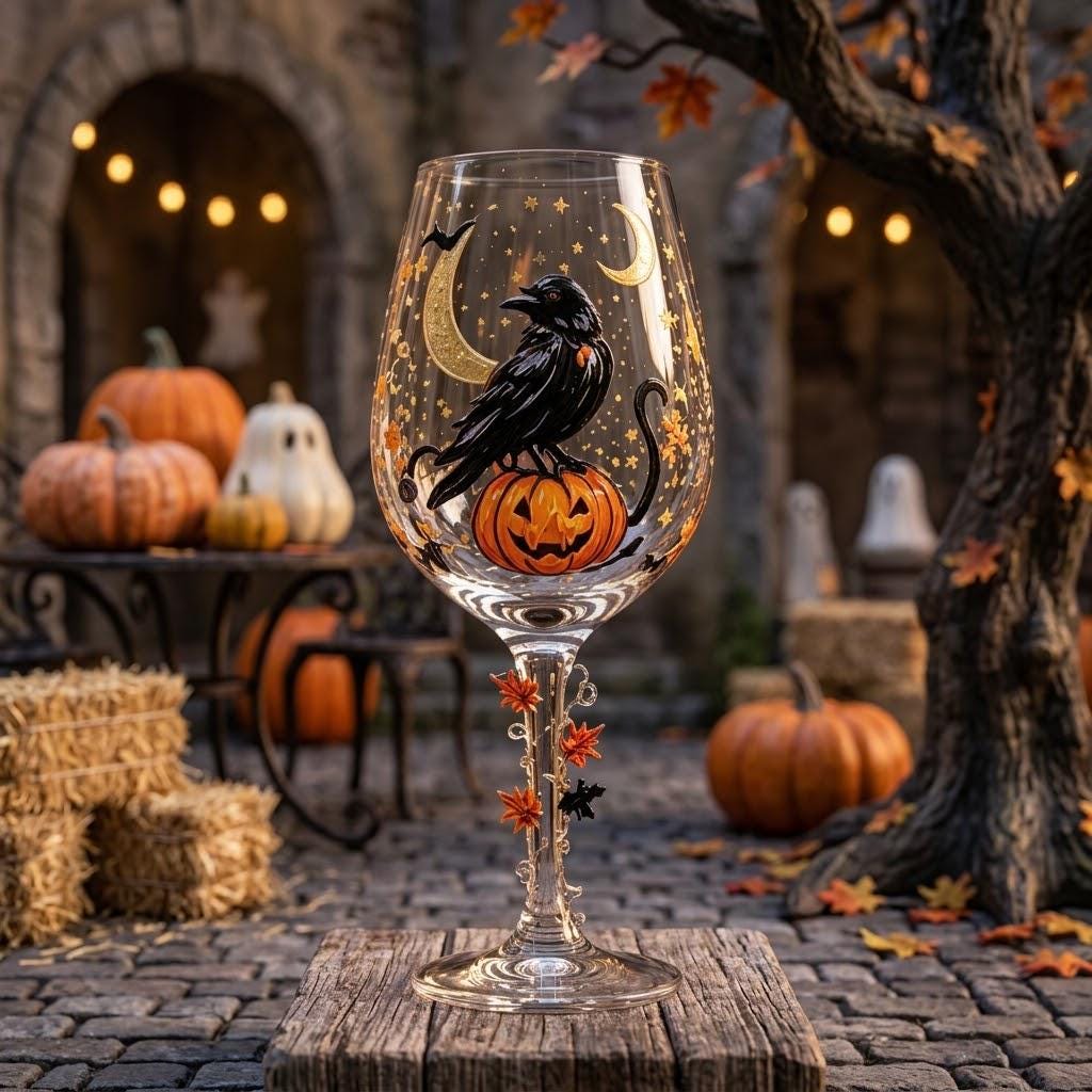 Halloween Decorative Goblet with Black Bird, Pumpkin and Crescent Moon by AuroraeGlass — photo 6