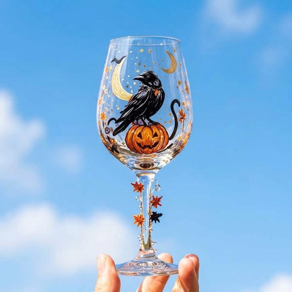 Halloween Decorative Goblet with Black Bird, Pumpkin and Crescent Moon by AuroraeGlass — photo 8