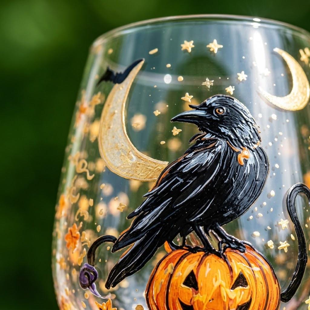 Halloween Decorative Goblet with Black Bird, Pumpkin and Crescent Moon by AuroraeGlass — photo 3