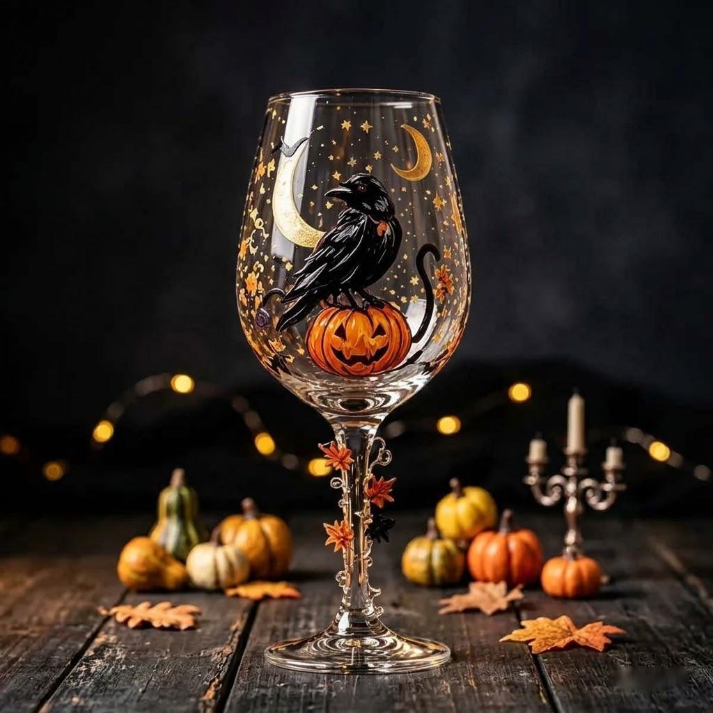 Halloween Decorative Goblet with Black Bird, Pumpkin and Crescent Moon by AuroraeGlass — photo 1