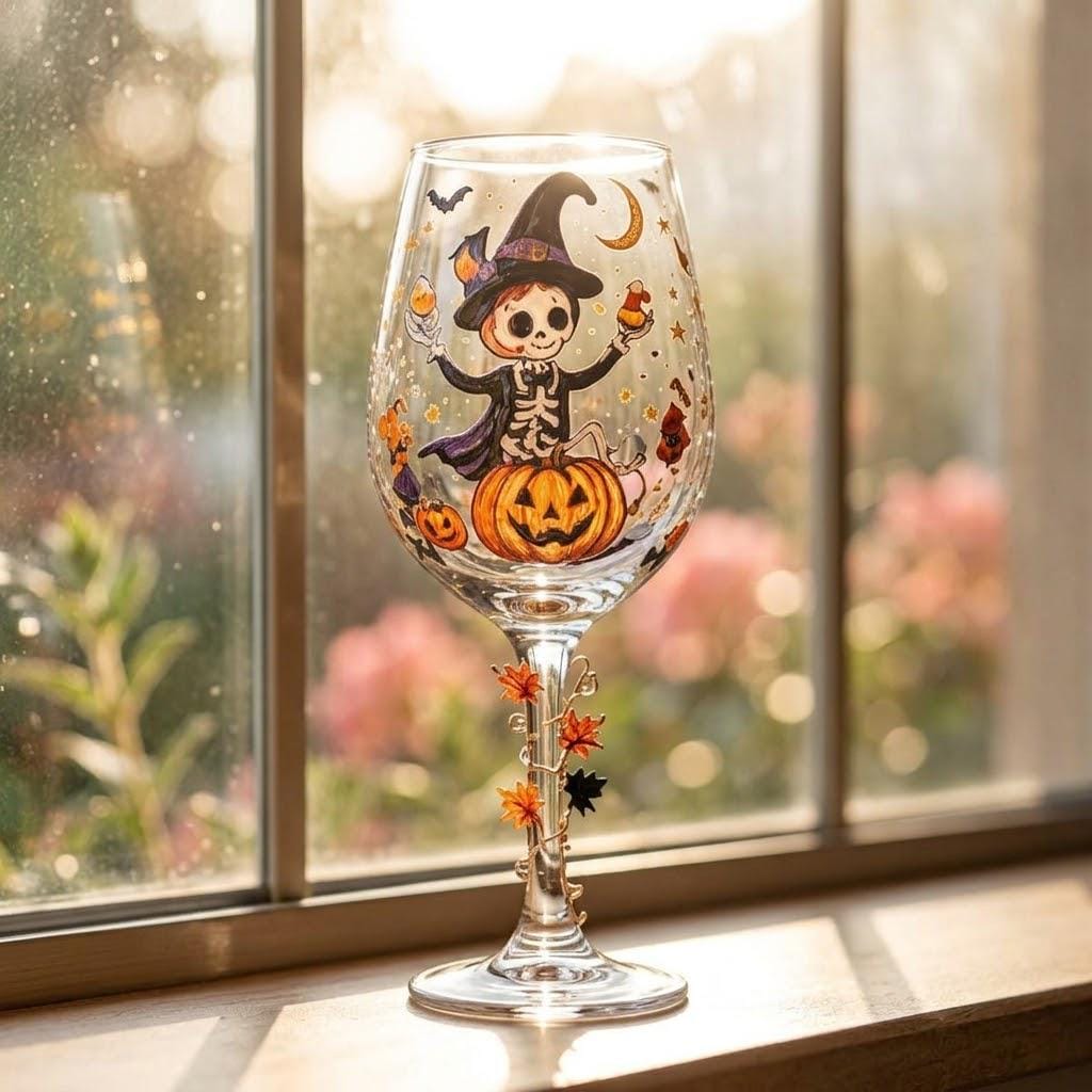 Halloween Decorative Goblet with Skeleton, Pumpkin and Purple Witch Hat by AuroraeGlass — photo 9
