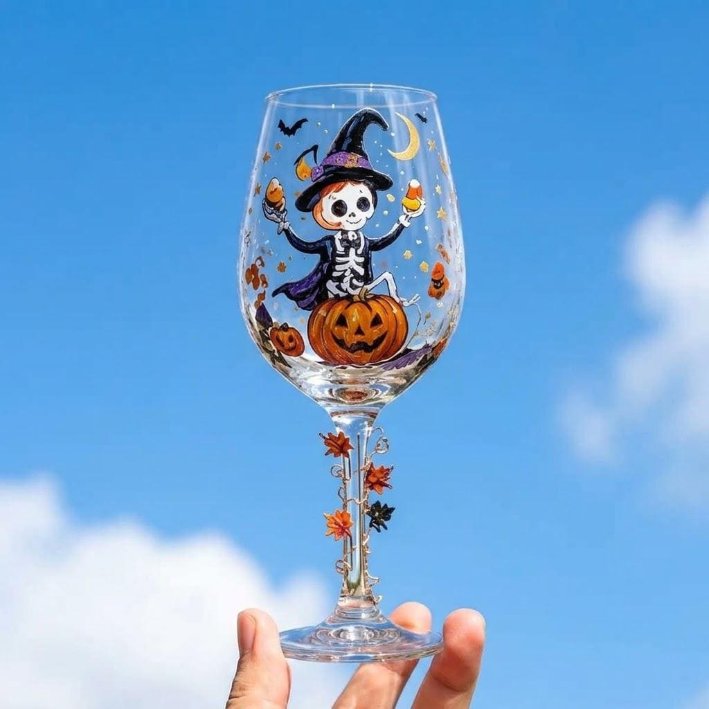 Halloween Decorative Goblet with Skeleton, Pumpkin and Purple Witch Hat by AuroraeGlass — photo 5